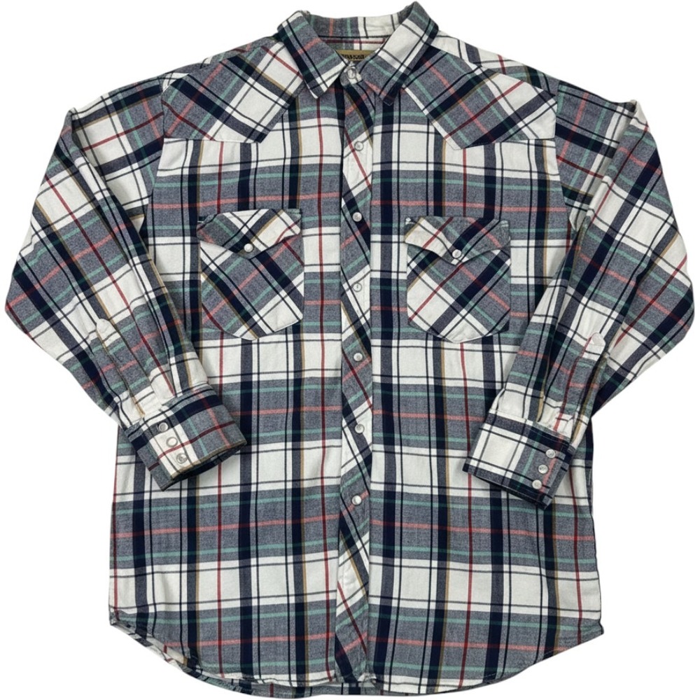Big Mac Western Flannel Shirt Men L White Plaid Pearl Snap Ranch Workwear Cowboy